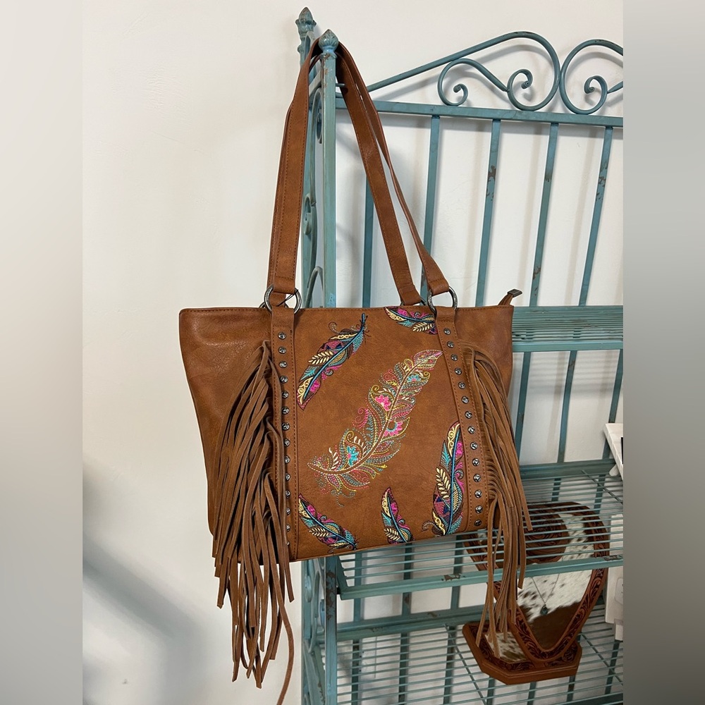Montana West Fringe Tote Bag Brown Boho Embroidered Feather Concealed Carry